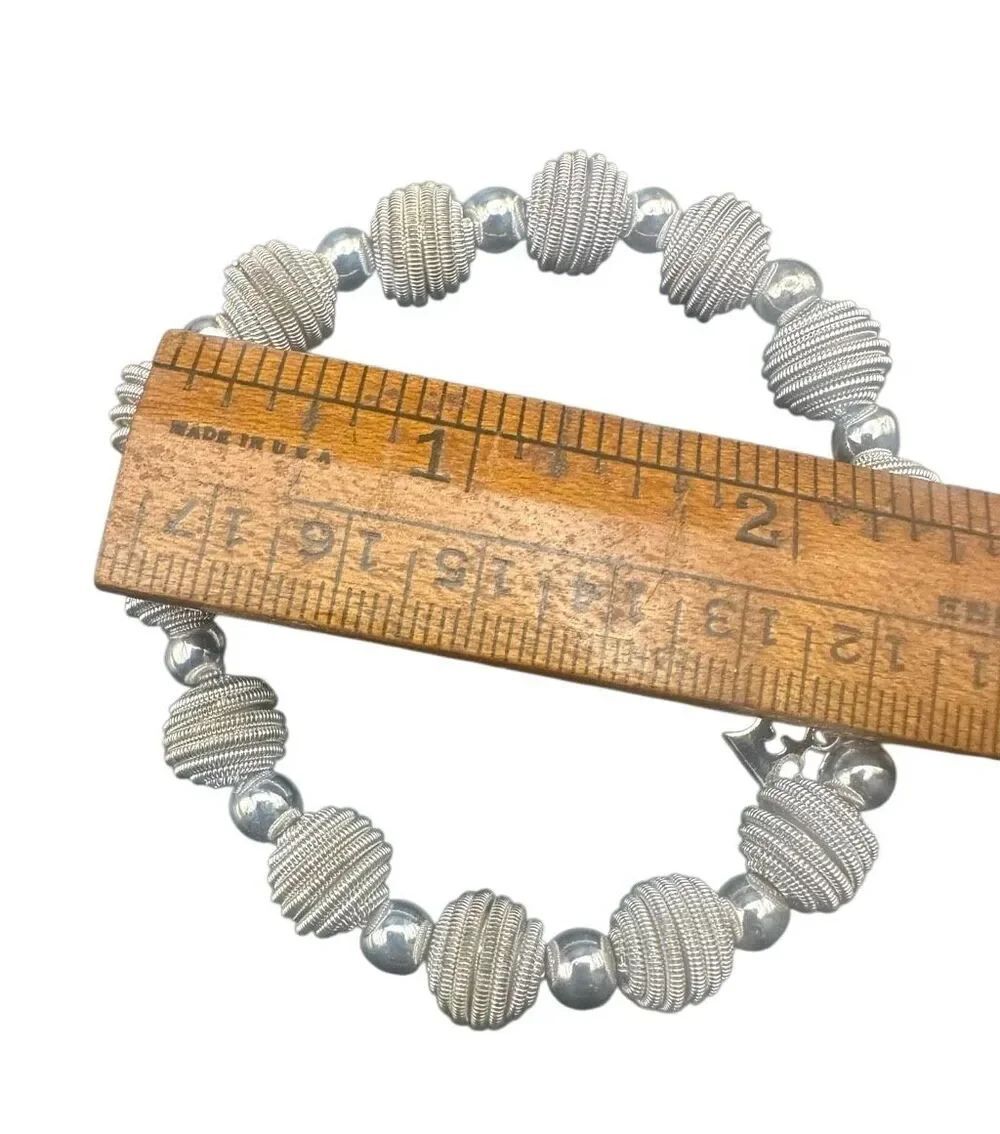Trifari Bracelet Stretch Silver Tone Rope Coiled Spiral Beads Crown Charm